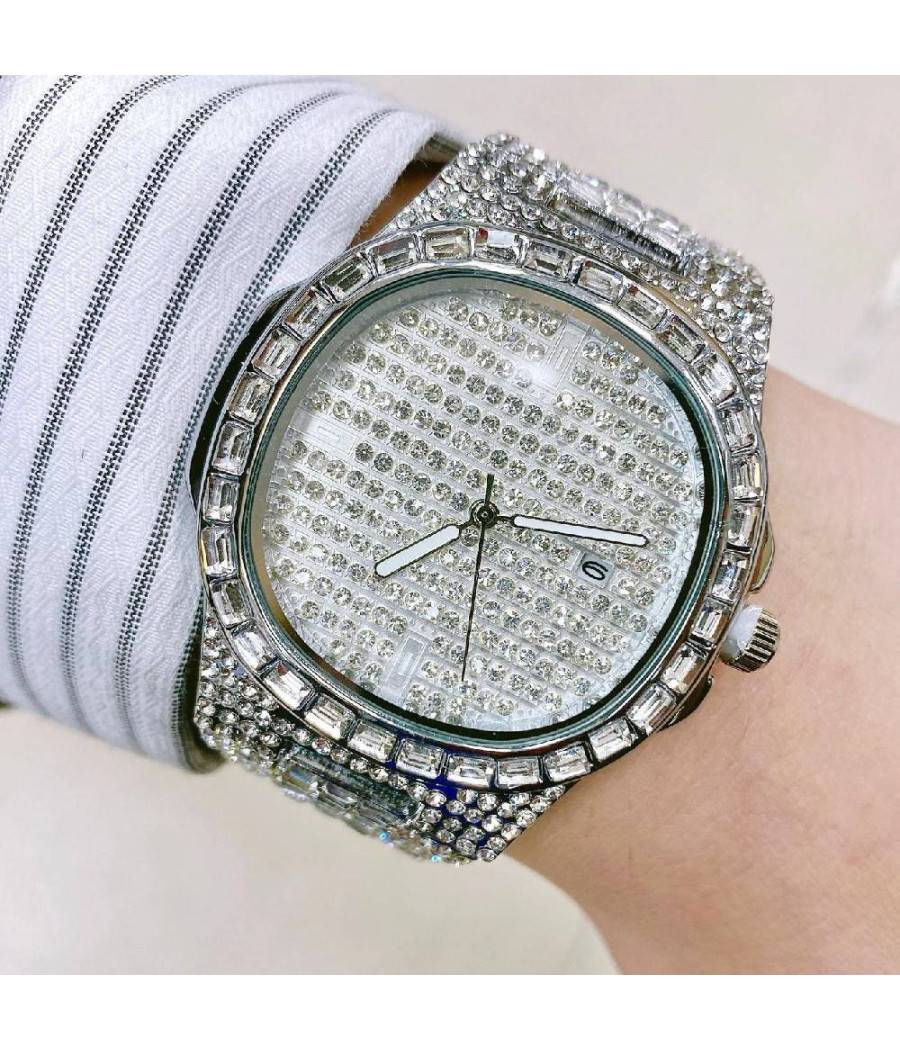 Orologio Da Polso Uomo Acciaio Elegante Brillantini Calendario Analogico Silver --0