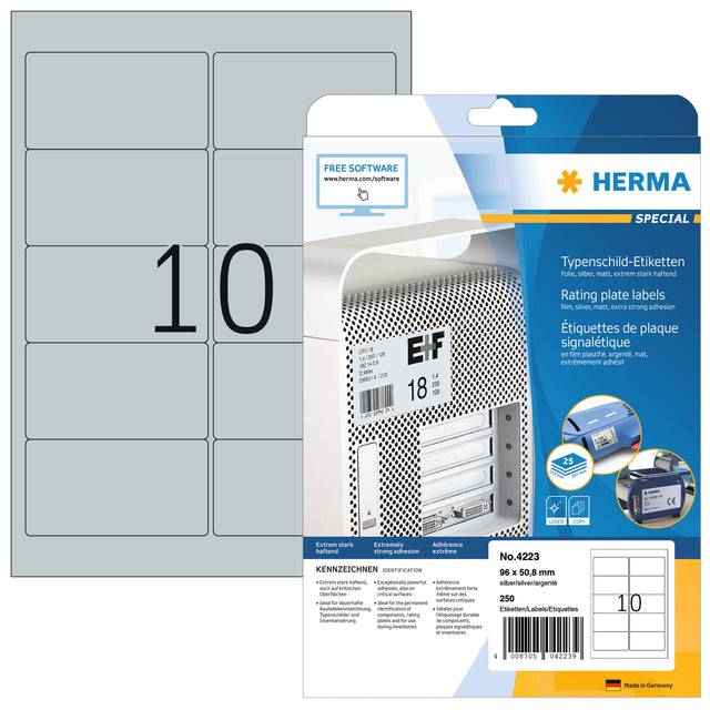 HERMA SuperPrint LaserCopy - Folienetiketten - Silber - 96 x 50,8 mm - 250 Stck. (25 Bogen x 10) (4223)-9