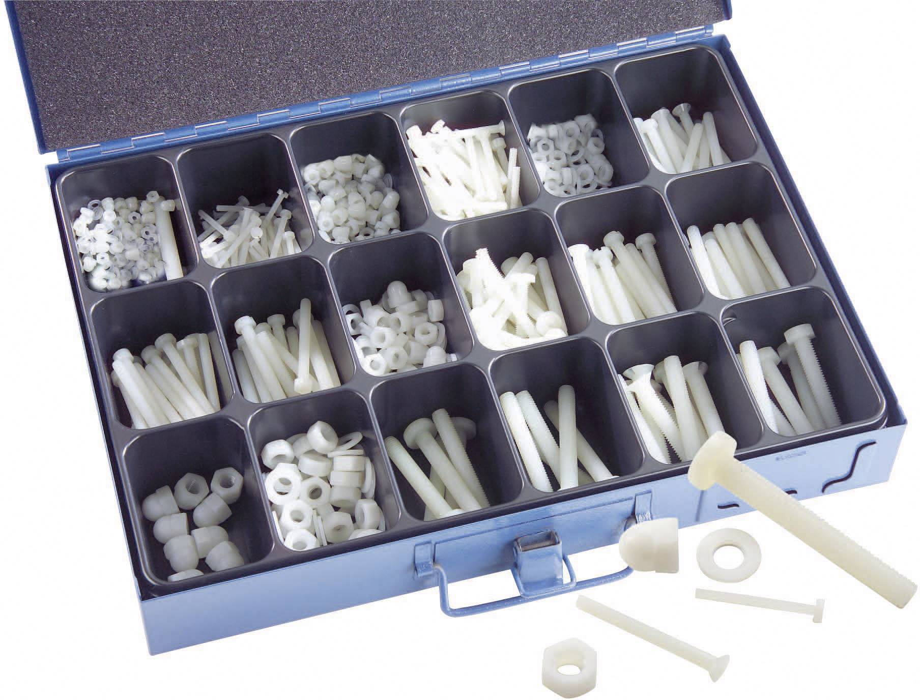 Scatola blu aperta con 18 scomparti, riempita con diverse viti in plastica, dadi e rondelle.