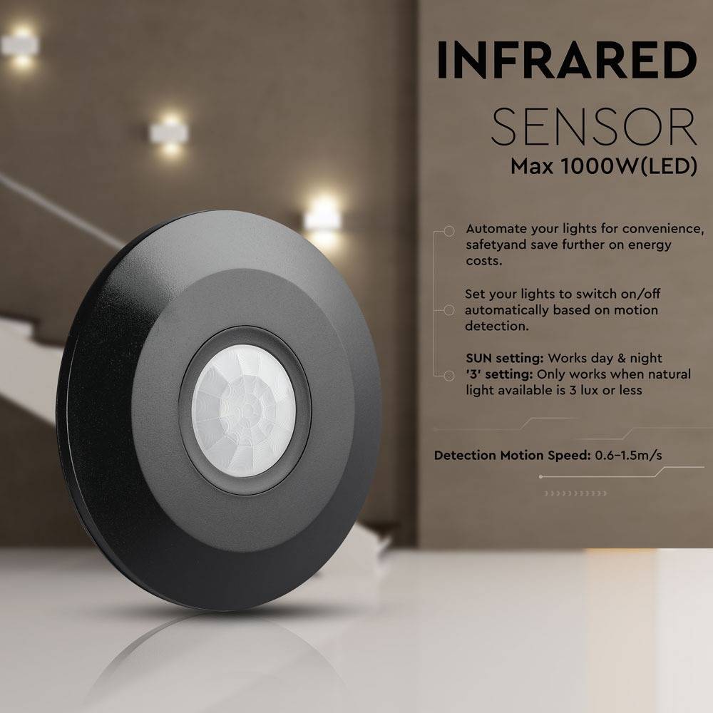 V-TAC Sensore Movimento Infrarossi 360° a Plafone Nero (Max 1000W) IP20-1