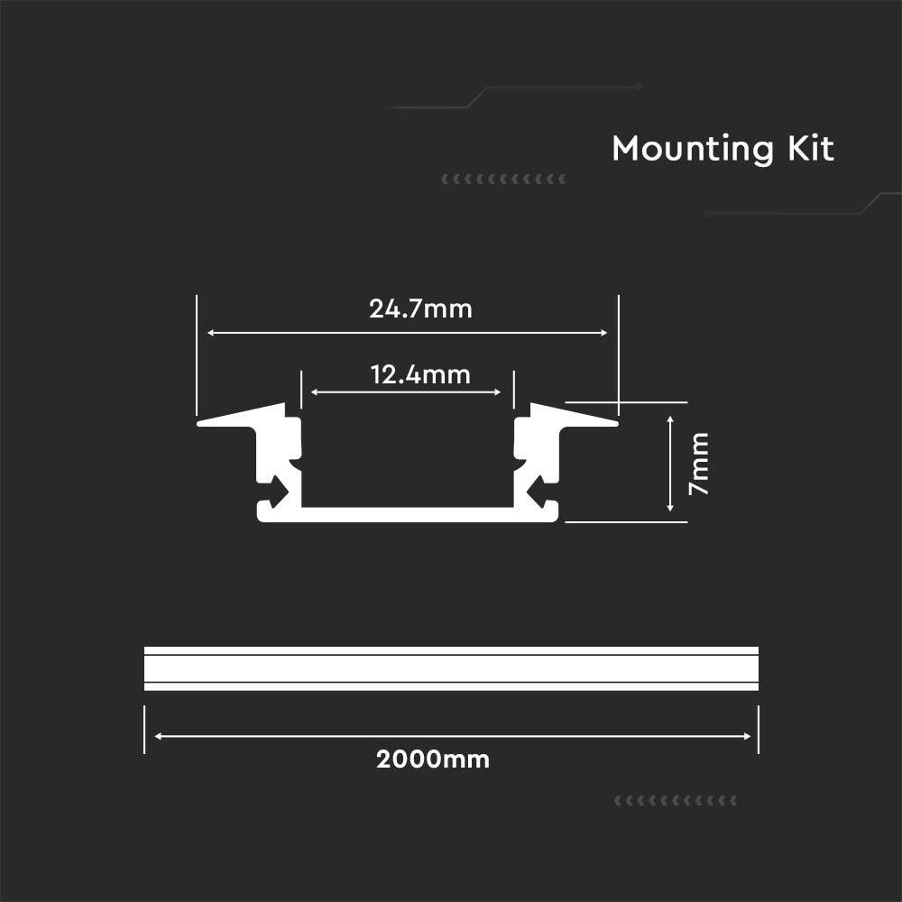 V-TAC Profilo Lineare Incasso Strip LED L:12.4mm Bianco/Copertura Opaca 2000x24.7x7mm-1