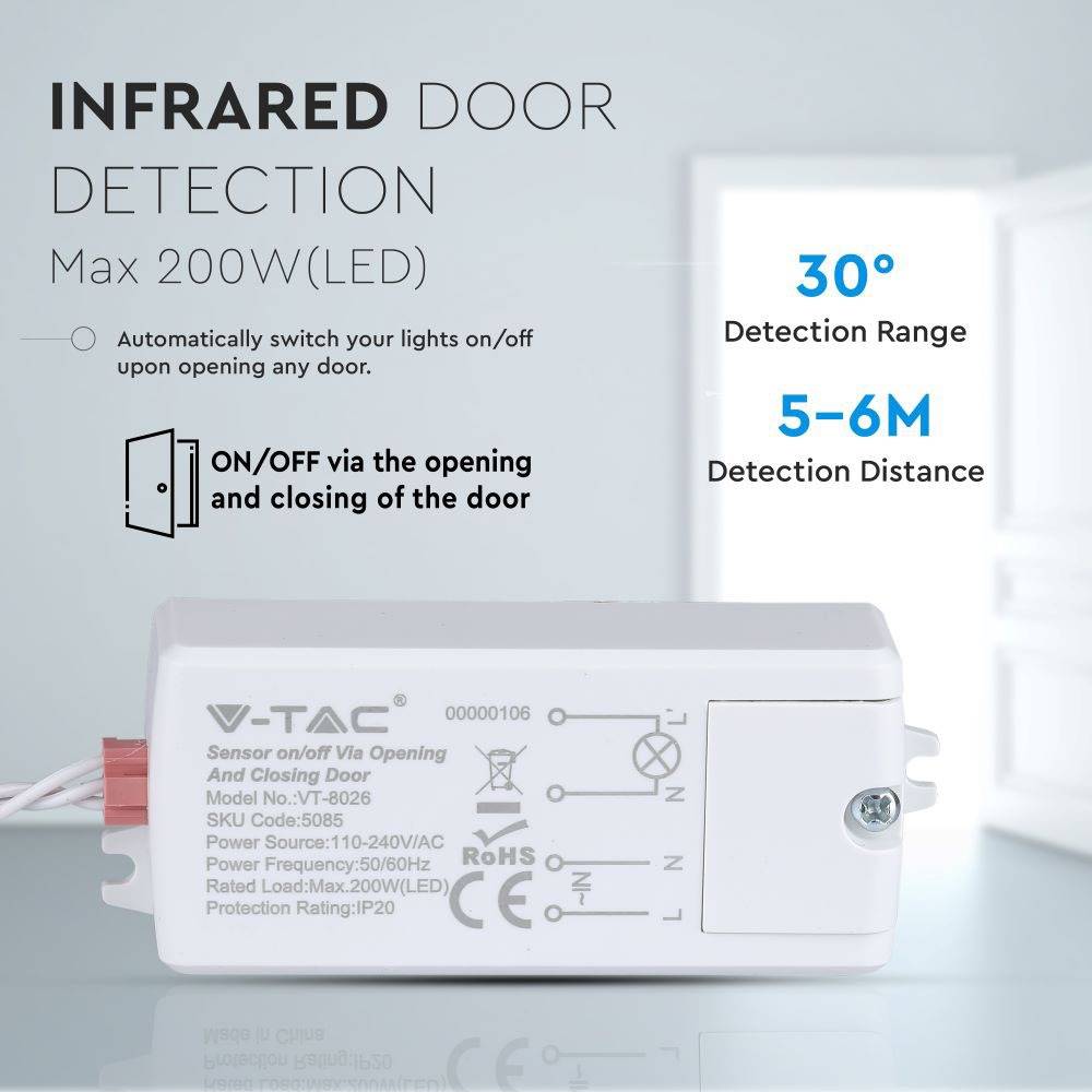 V-TAC Sensore Movimento Infrarossi 30° Attivazione tramite Apertura/Chiusura Porta IP20-1