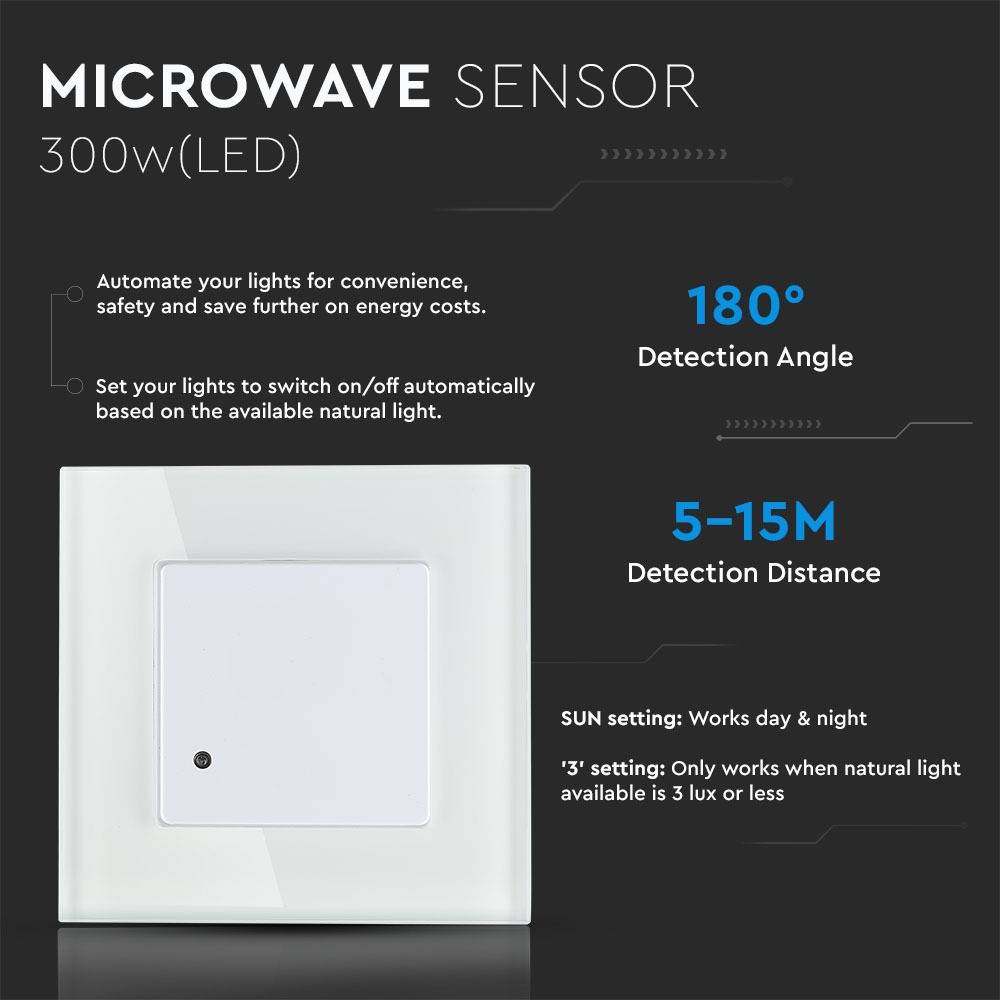 V-TAC Sensore a Microonde con Rilevamento 180°, 300W LED, Regolazioni Tempo e Sensibilità, Colore Bianco IP20-1