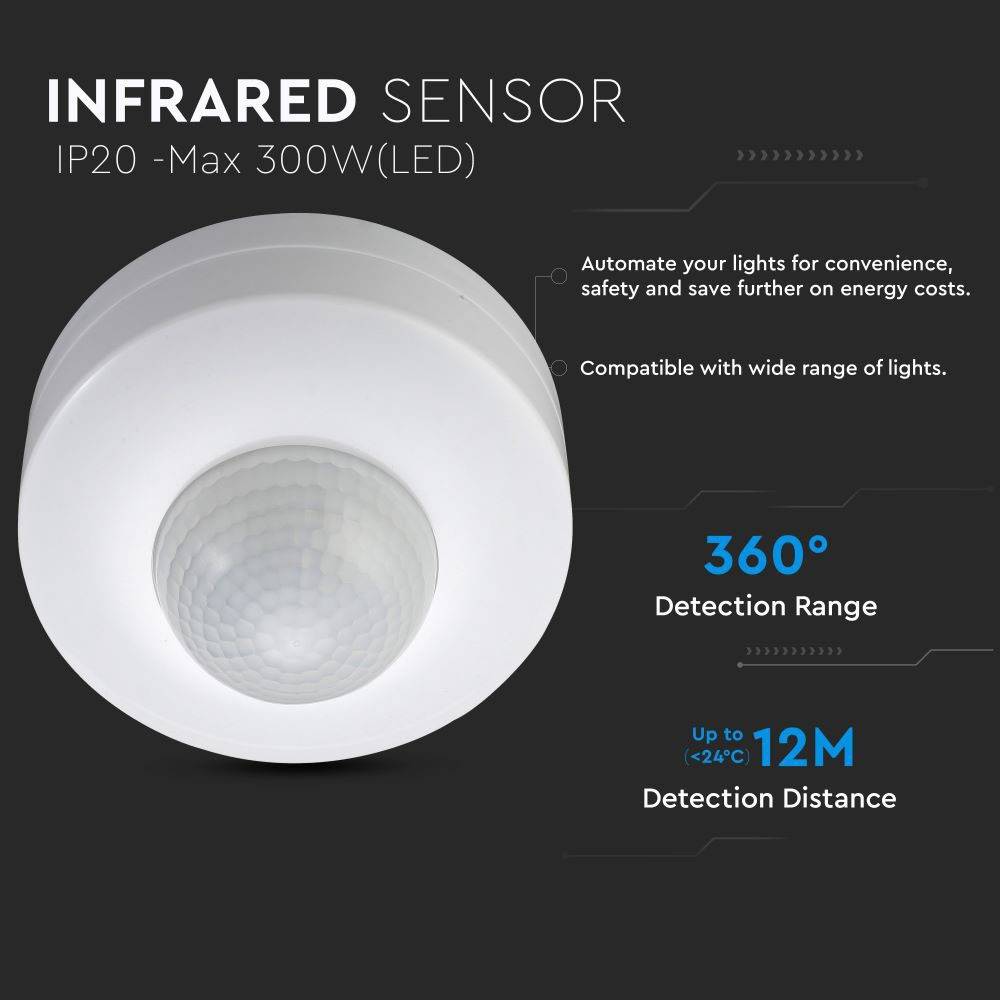V-TAC Sensore Movimento Infrarossi 360° a Plafone, Funzionalità ON/OFF Bianco IP20-1