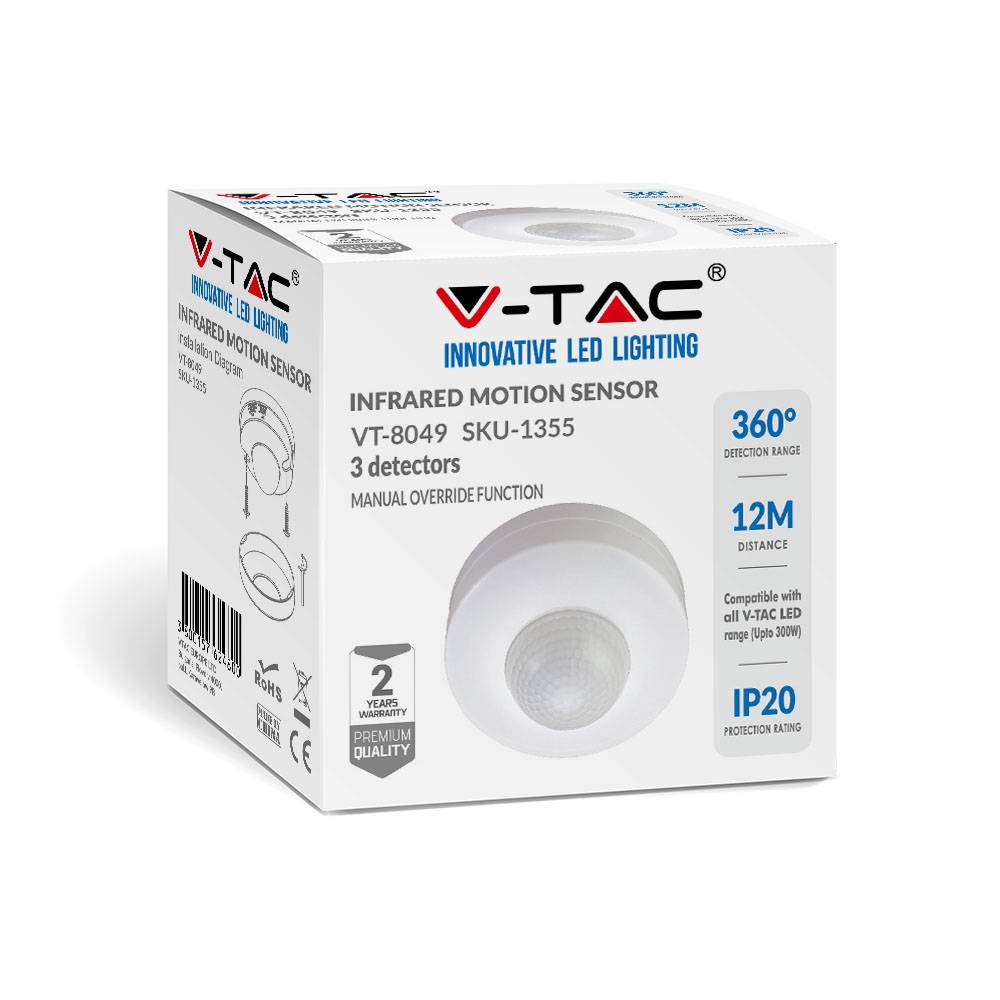 V-TAC Sensore Movimento Infrarossi 360° a Plafone, Funzionalità ON/OFF Bianco IP20-3