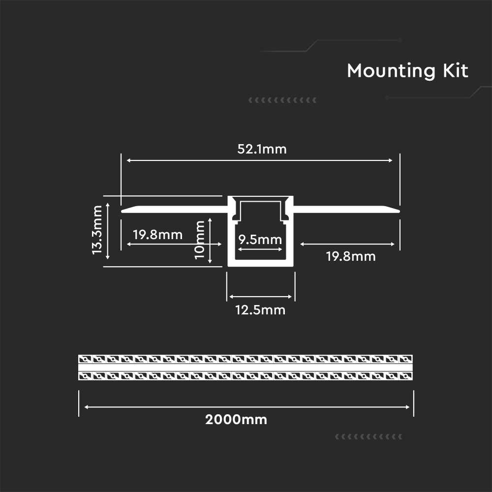 V-TAC Profilo Cartongesso Strip LED L:9.5mm Silver/Copertura Opaca 2000x52.1x12.5mm-1