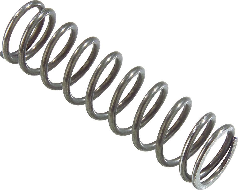 Una molla a spirale metallica, leggermente inclinata diagonalmente, su sfondo bianco.