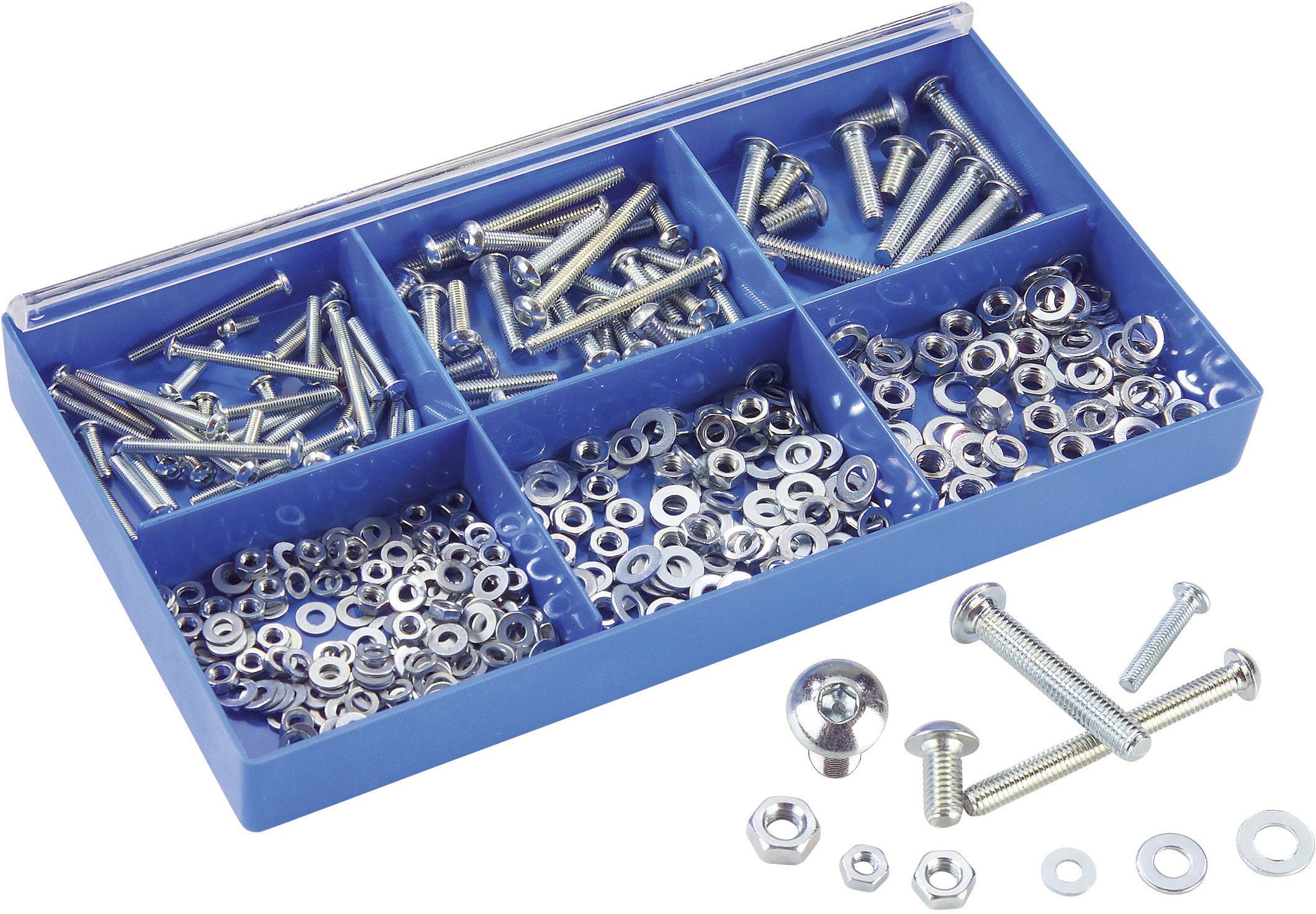 Una scatola blu per l'organizzazione con nove scomparti contiene viti, dadi e rondelle metalliche di diverse dimensioni.