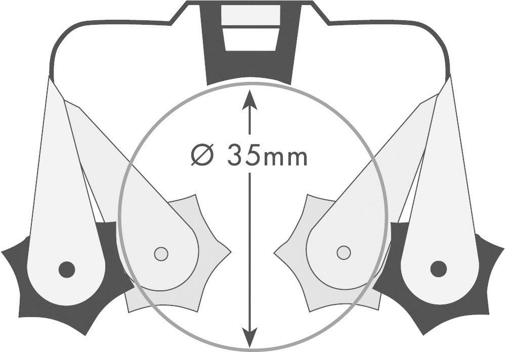 Rappresentazione di un dispositivo tecnico con due bracci laterali e un diametro centrale di 35 mm.