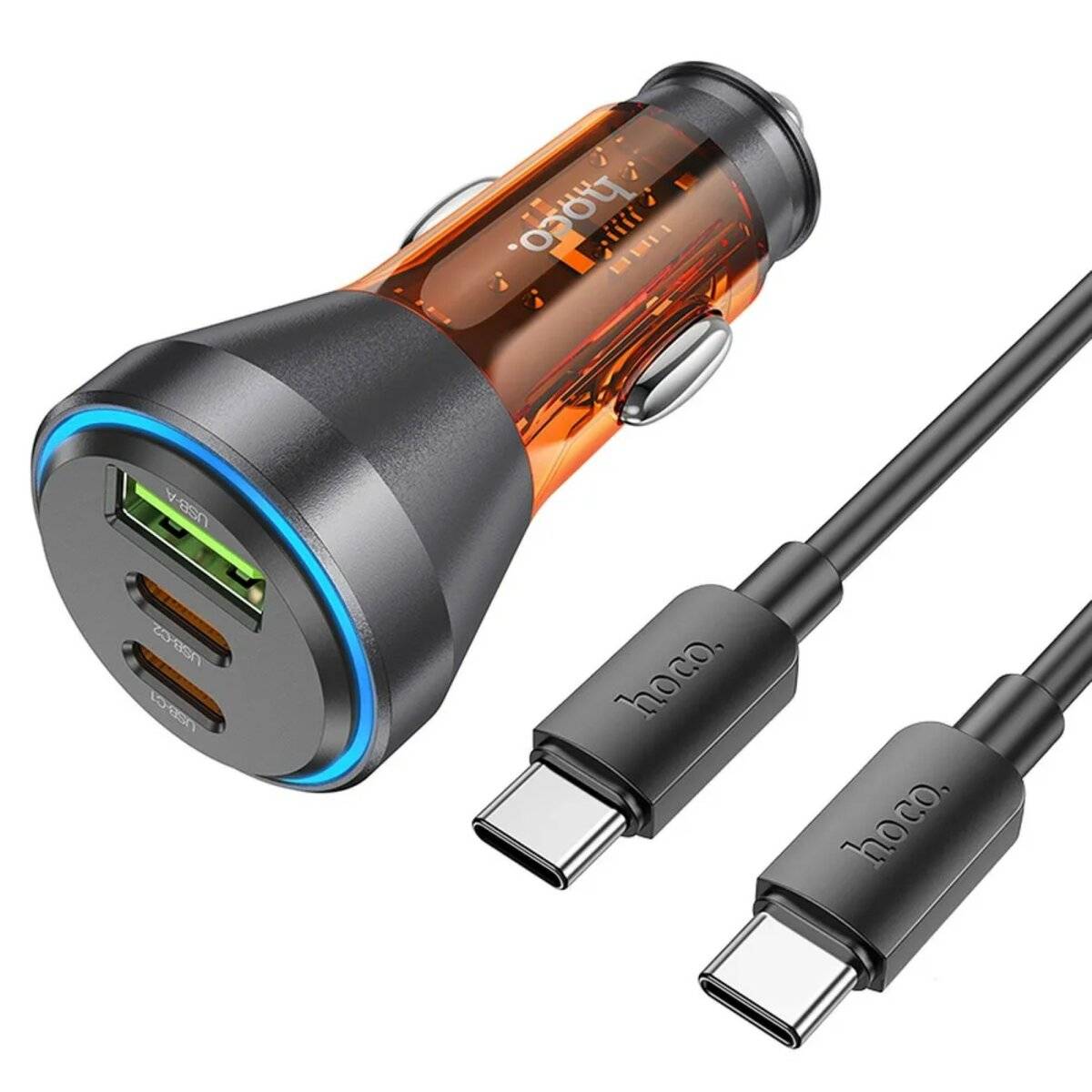 HOCO USB-Autoladegerät QC 18W + 2 x Typ C 30W + Kabel Typ C auf Typ C PD60W NZ12D Orange-0