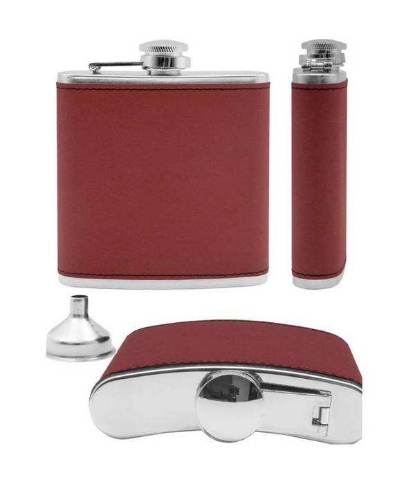 Fiaschetta In Acciaio Inox Design In Pelle Con Imbuto Idea Regalo 175 Ml Rosso -