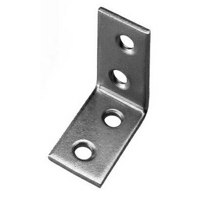 Angolare metallico con due fori di foratura su ciascun lato, utilizzato per il collegamento di componenti in progetti di costruzione.