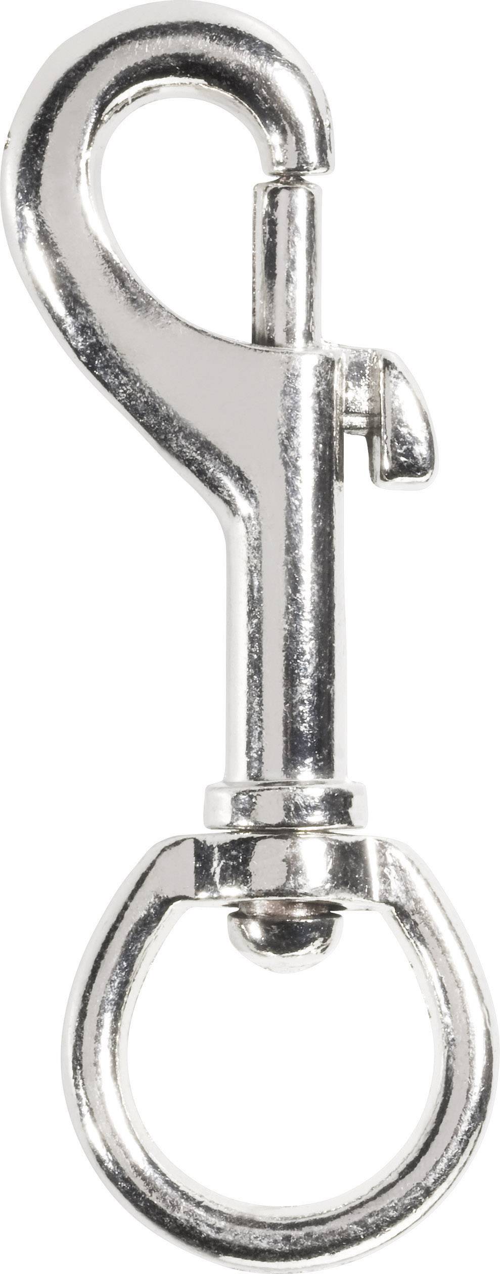 Un moschettone argentato con un anello inferiore girevole, adatto per essere fissato a guinzagli o borse.