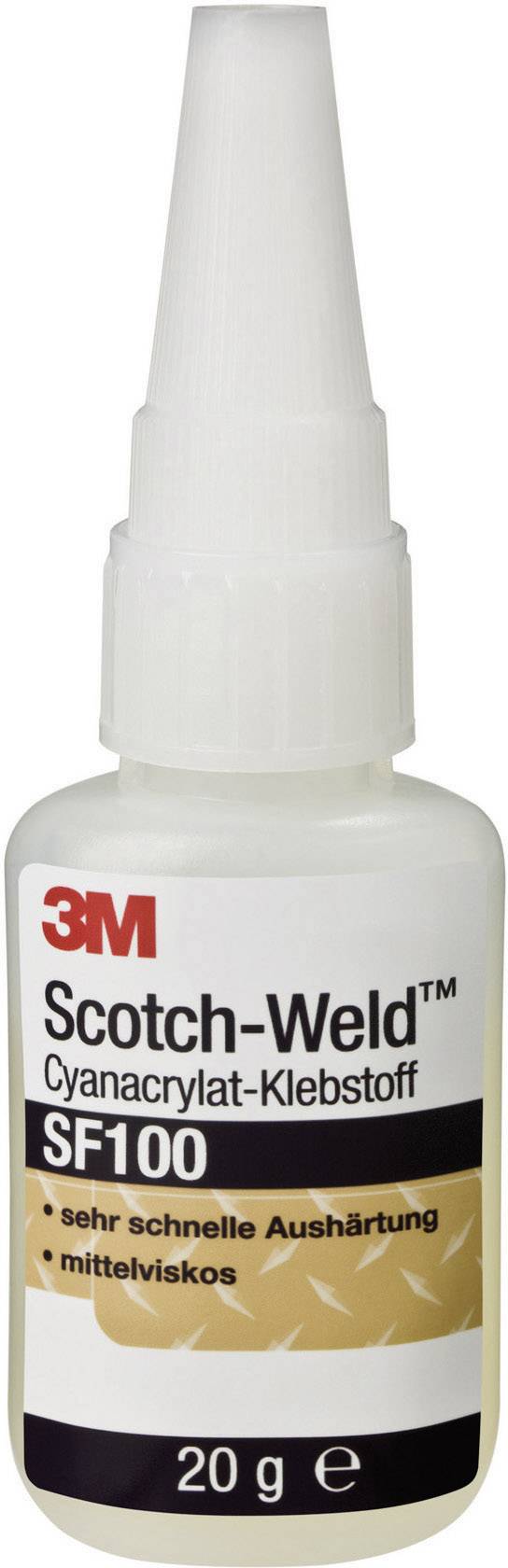 '3M Scotch-Weld Adesivo Cianoacrilato SF100', flacone da 20g. Etichettato come 'indurimento molto rapido' e 'medio-viscoso'.