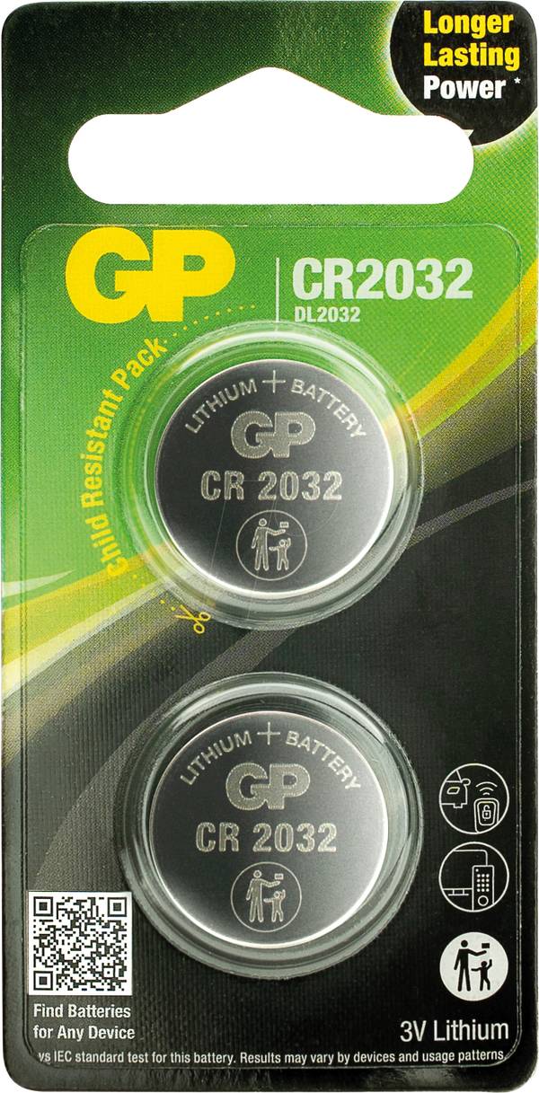 Pile a bottone GP al litio CR2032 3V blister da 2-0