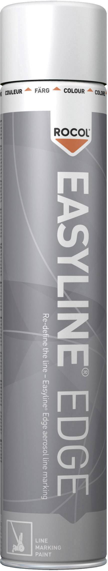 Bomboletta spray grigia del marchio 'Rocol' con la scritta 'Easyline Edge', utilizzata per la marcatura di pavimenti.