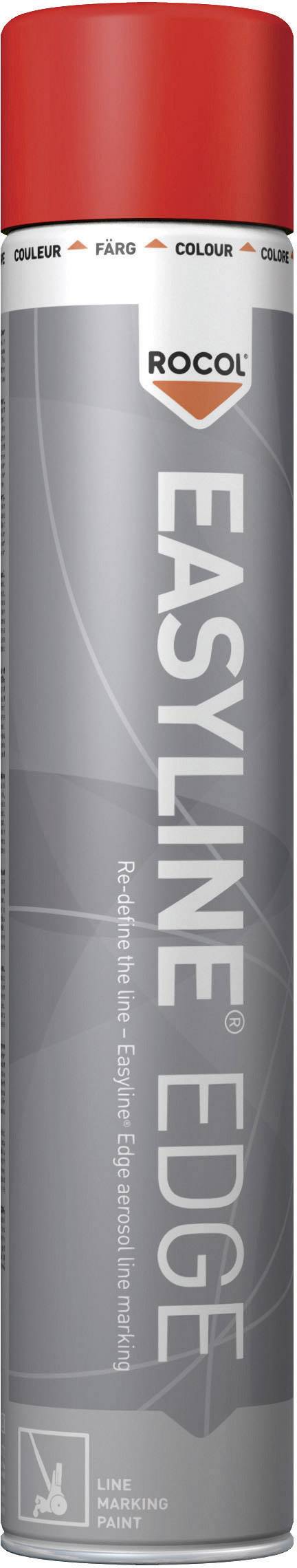 Bomboletta spray rossa del marchio 'Rocol', nome prodotto 'Easyline Edge'. Contiene vernice spray, adatta per segnaletica orizzontale semplice.