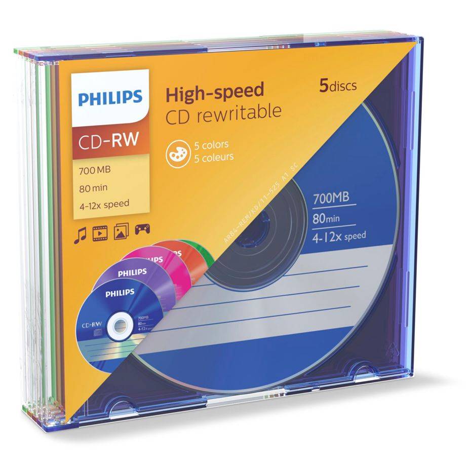 Philips - 5 x CD-RW - 700MB (80 Min) 4x - 12x - Slim Jewel Case (CW7D2CC05/00)-0