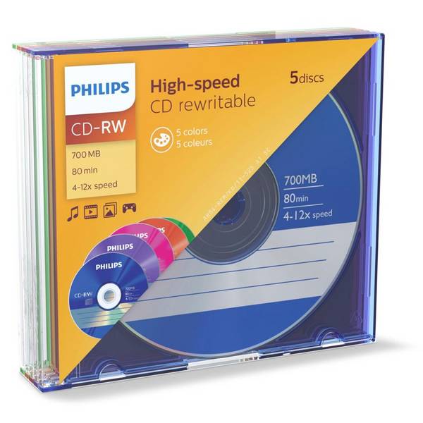 Philips - 5 x CD-RW - 700MB (80 Min) 4x - 12x - Slim Jewel Case (CW7D2CC05/00)