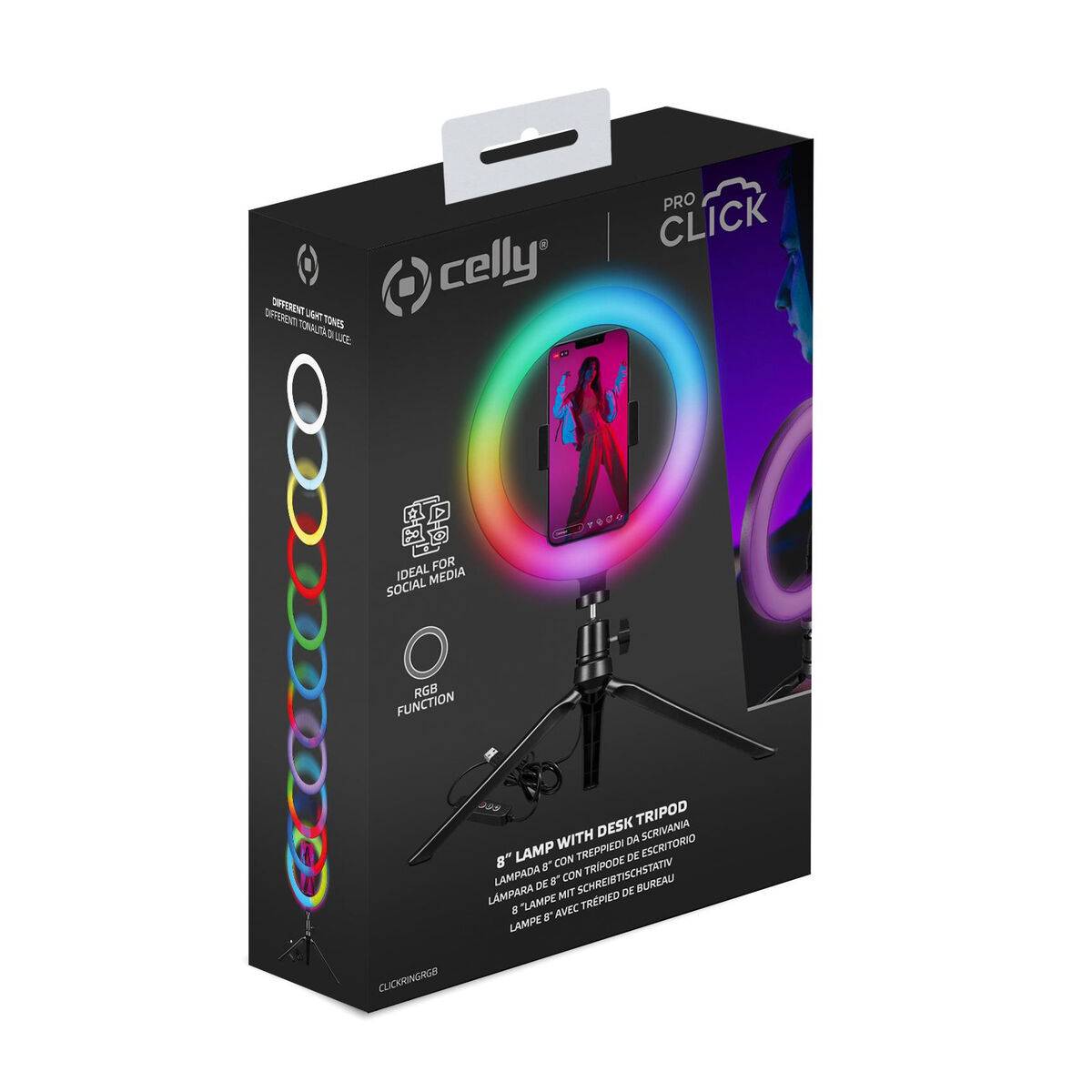 CELLY CLICK RING LIGHT RGB TREPPIEDI PER TAVOLO CON UN ANELLO LUMINOSO CON LUCE LED RGB E UN SUPPORTO PER SMARTPHONE BLA-1