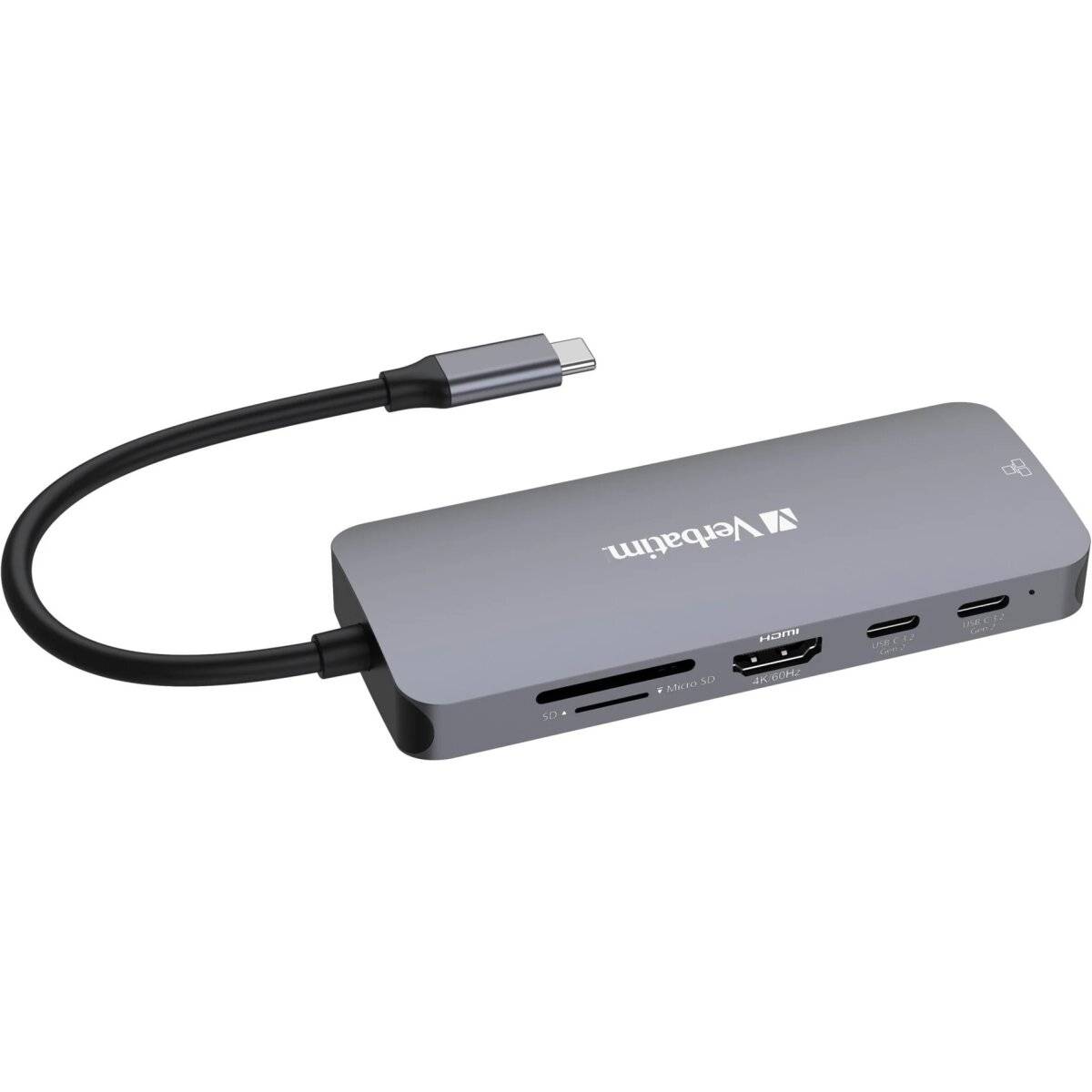 Hub multiporta USB-C Verbatim CMH-09, 9 porte, 3x USB 3.2-A, 2x USB 3.2-C, HDMI 4K, RJ45, SD, microSD, cavo USB 3.1-C-2
