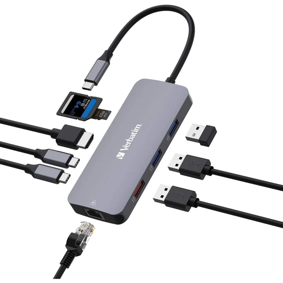 Hub multiporta USB-C Verbatim CMH-09, 9 porte, 3x USB 3.2-A, 2x USB 3.2-C, HDMI 4K, RJ45, SD, microSD, cavo USB 3.1-C-3