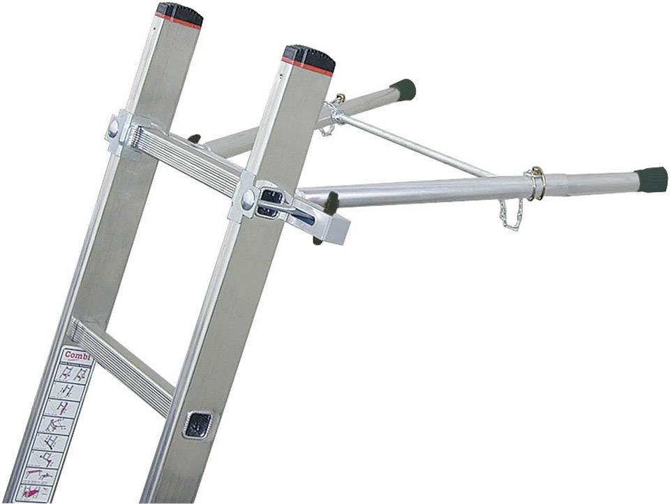 Scala con supporti telescopici estensibili. Un'etichetta con istruzioni mostra le informazioni di sicurezza e le posizioni.