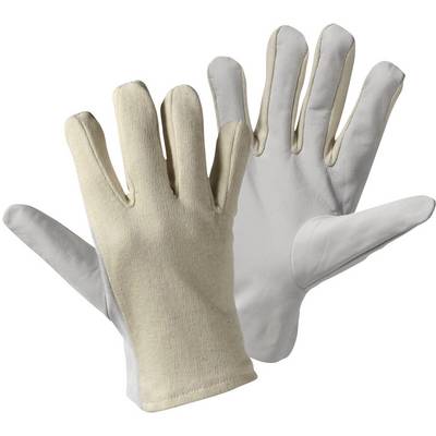 Due paia di guanti da lavoro, un paio con palmo in pelle bianca, l'altro in materiale tessile beige, su sfondo bianco.