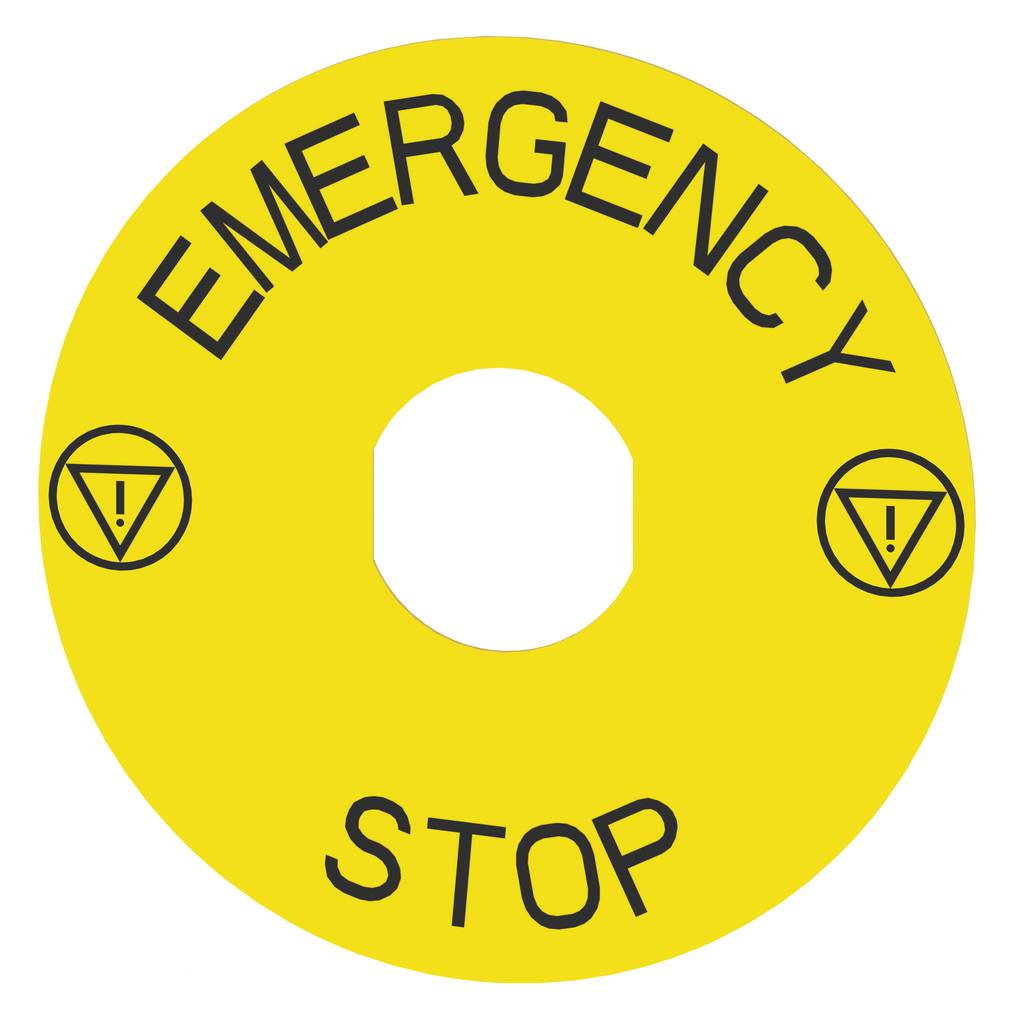 Marked legend, Harmony XB4, plastic, yellow, 90mm, for emergency stop, marked EMERGENCY STOP with logo…-1