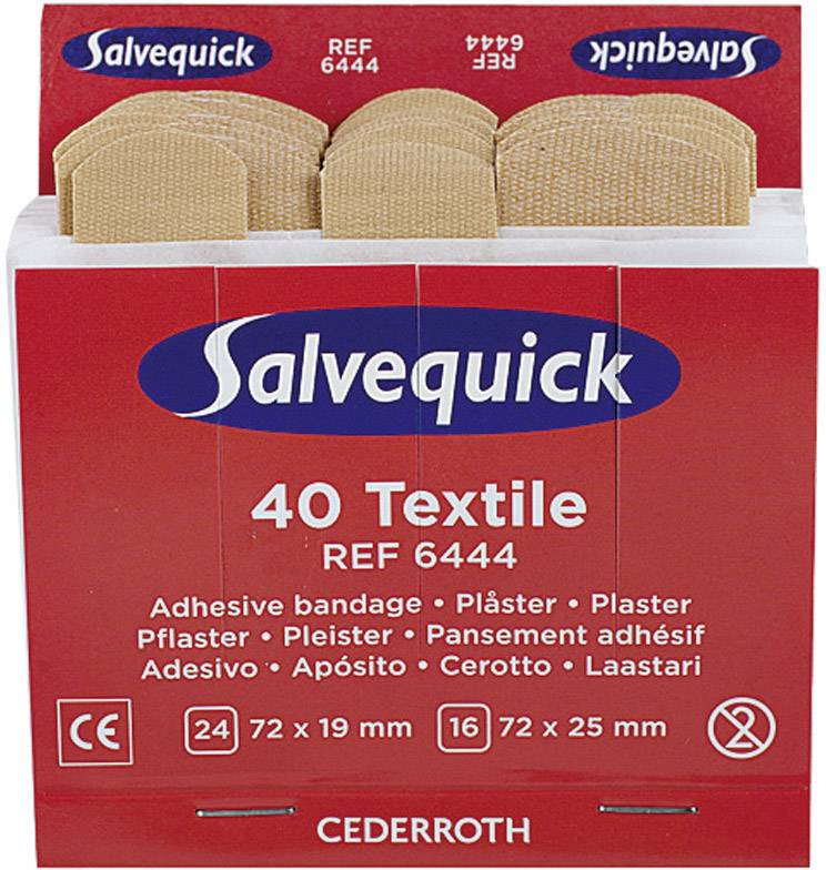 'Salvequick 40 Textile Cerotti, REF 6444.' Una confezione rossa con cerotti in tessuto. Dimensioni dei cerotti in cm: 72 x 19 mm, 72 x 25 mm.