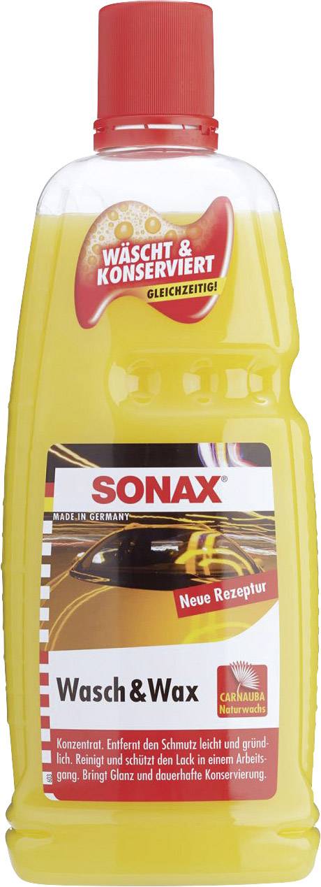 Bottiglia gialla Sonax Lavaggio & Cera con coperchio rosso. Scritta: 'Nuova formula', 'Lava e conserva contemporaneamente'. Contiene cera di carnauba.