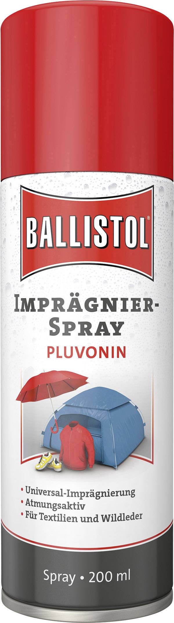 'Aerosol-Dose Ballistol Spray Impermeabilizzante Pluvonin: Rosso, per tessuti e scamosciato, 200 ml, idrorepellente, traspirante.'
