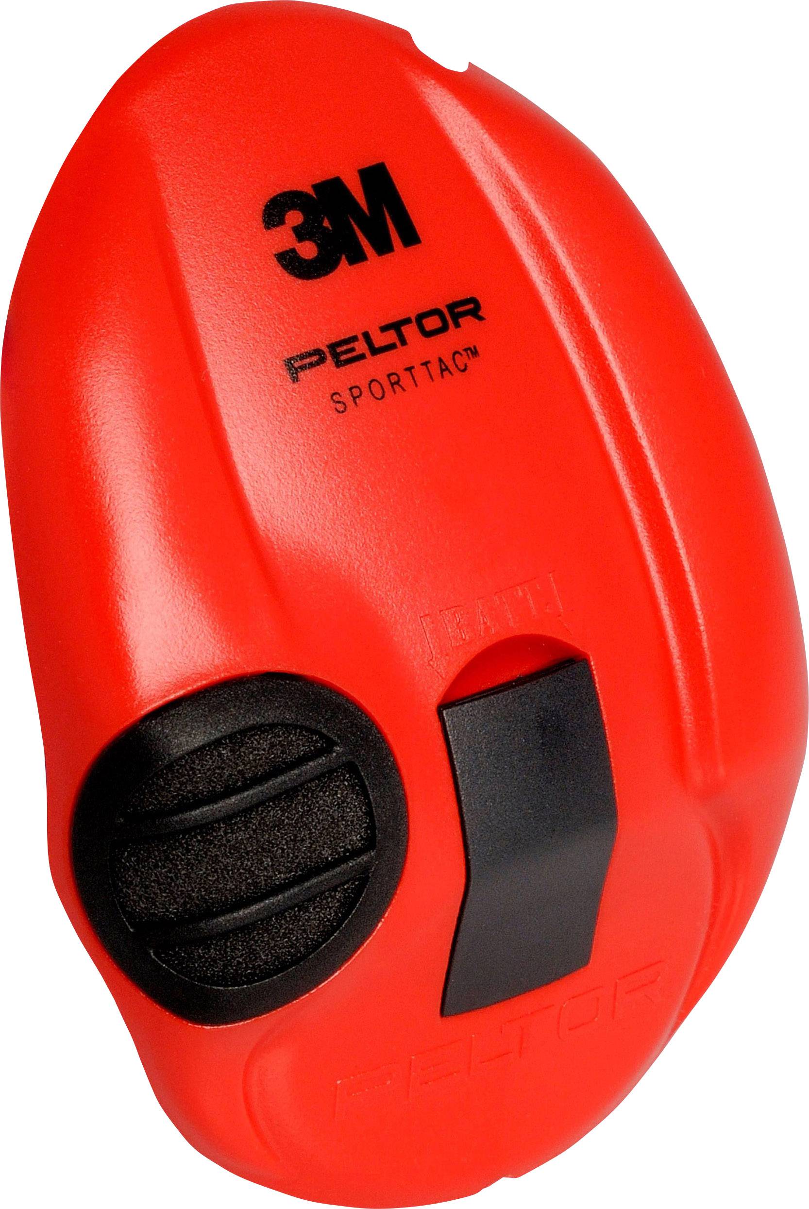 Cuffie protettive rosse di 3M con la scritta 'Peltor Sporttac', per la riduzione del rumore nelle attività sportive di tiro e all'aperto.