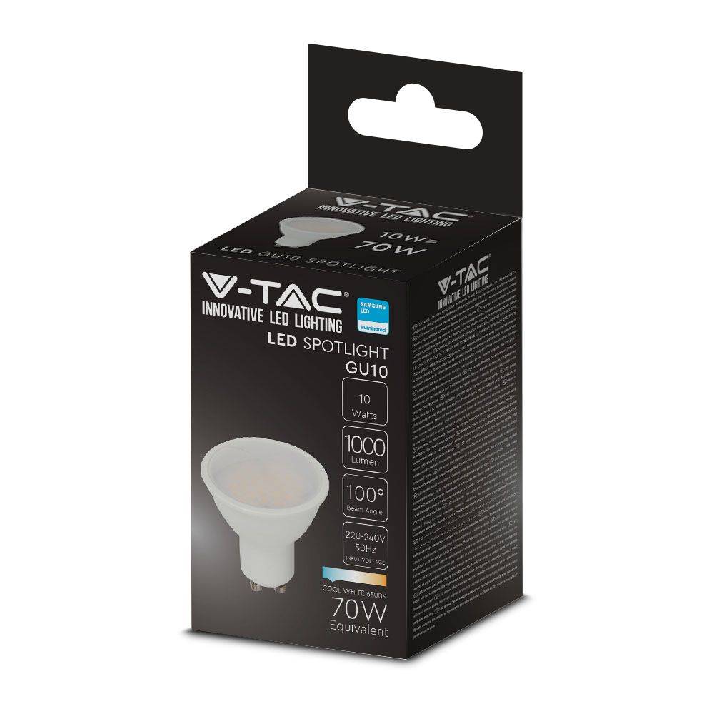 V-TAC Faretto LED Chip Samsung GU10 10W 100° Copertura Satinata 6500K-4