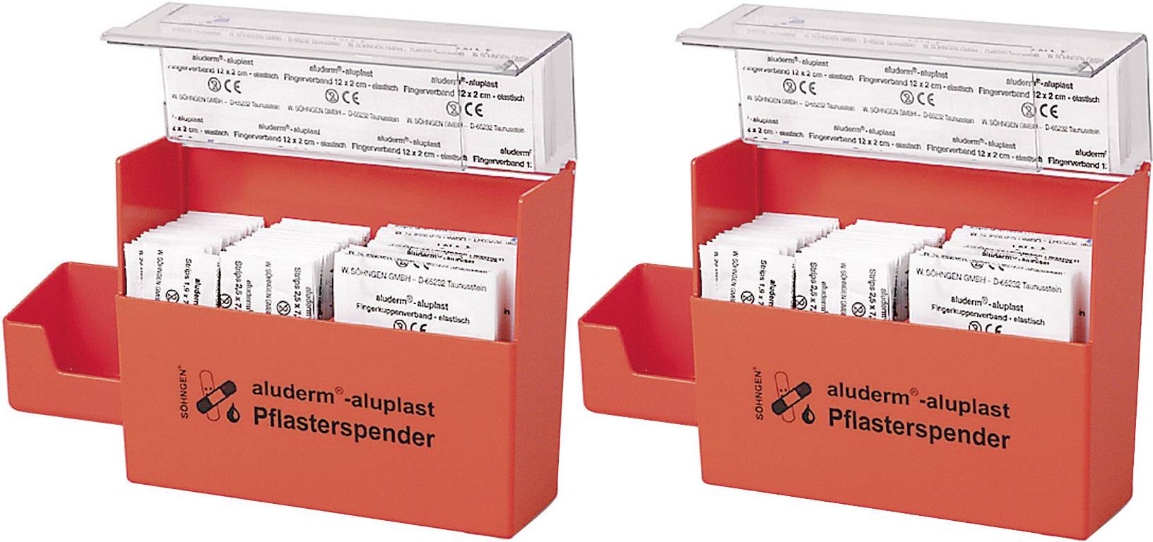 Due distributori di cerotti aperti, di colore arancione, con la scritta 'aluderm-aluplast Pflasters­pender', riempiti con cerotti confezionati.