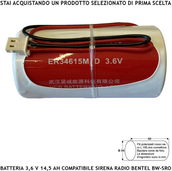 ER34615M 3,6 V 14 Ah Batteria litio Non Ricaricabile Connettore Polarizzato Pila Ricambio Compatibile Sirena Bentel Te