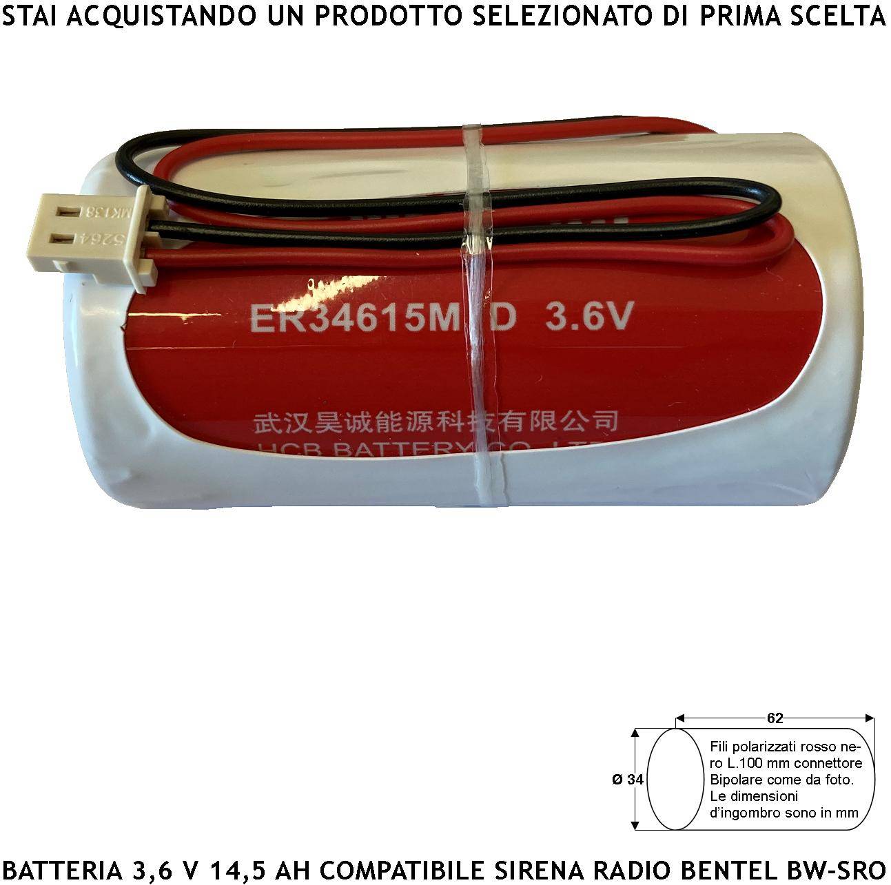 ER34615M 3,6 V 14 Ah Batteria litio Non Ricaricabile Connettore Polarizzato Pila Ricambio Compatibile Sirena Bentel Te-0