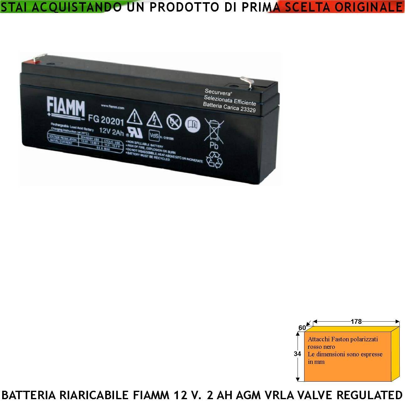 Batterie Ricaricabili 12 V 2 Ah Ermetiche AGM VRLA Valve Regulated Collegamento Tramite 2 Faston 5 mm Polarizzati Marc-0