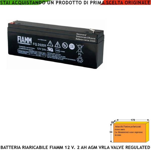 Batteria per Sirena 12 V 2 Ah Collegamento Tramite 2 Faston 5 mm Polarizzati Ermetica AGM VRLA Valve Regulated Selezio