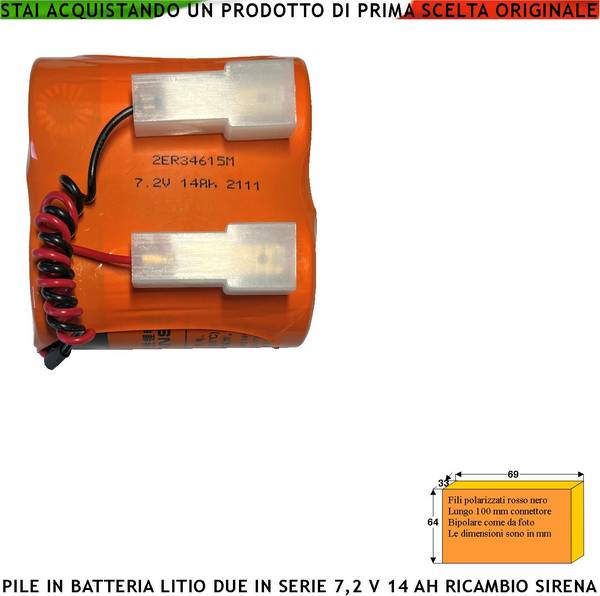 Batteria litio ER34615M 7,2 V 14 Ah Pacco 2 Pile Non Ricaricabili Ricambio Compatibile Sirena Radio Connettore Polariz