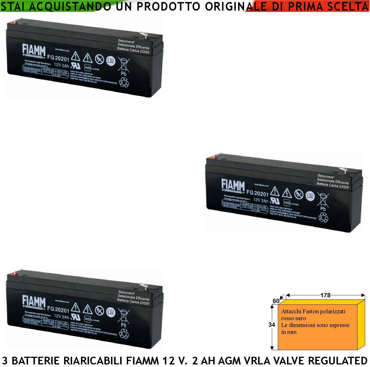 Batteria Ermetica Antincendio 12 V 2 Ah 3 Pezzi Collegamento Tramite 2 Faston 5 mm Polarizzati AGM VRLA Valve Regulate-0