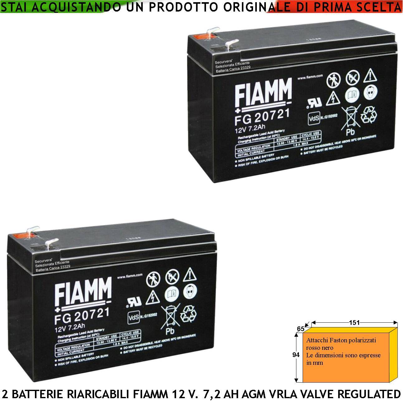 Batteria per Allarme 12 V 7,2 Ah 2 Pezzi Collegamento Tramite 2 Faston 5 mm Polarizzati Ermetica AGM VRLA Valve Regula-0