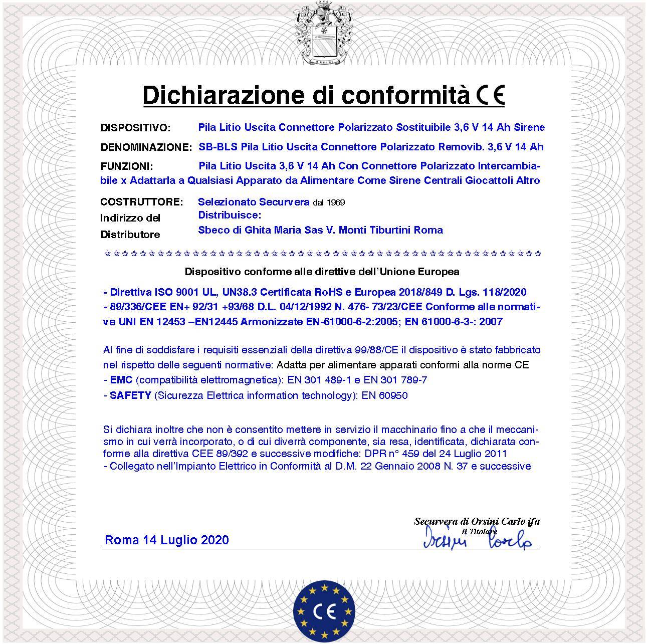 Batteria litio Non Ricaricabile ER34615M 3,6 V 14 Ah Connettore Polarizzato Pila Ricambio Compatibile Sirena Bentel Te-1