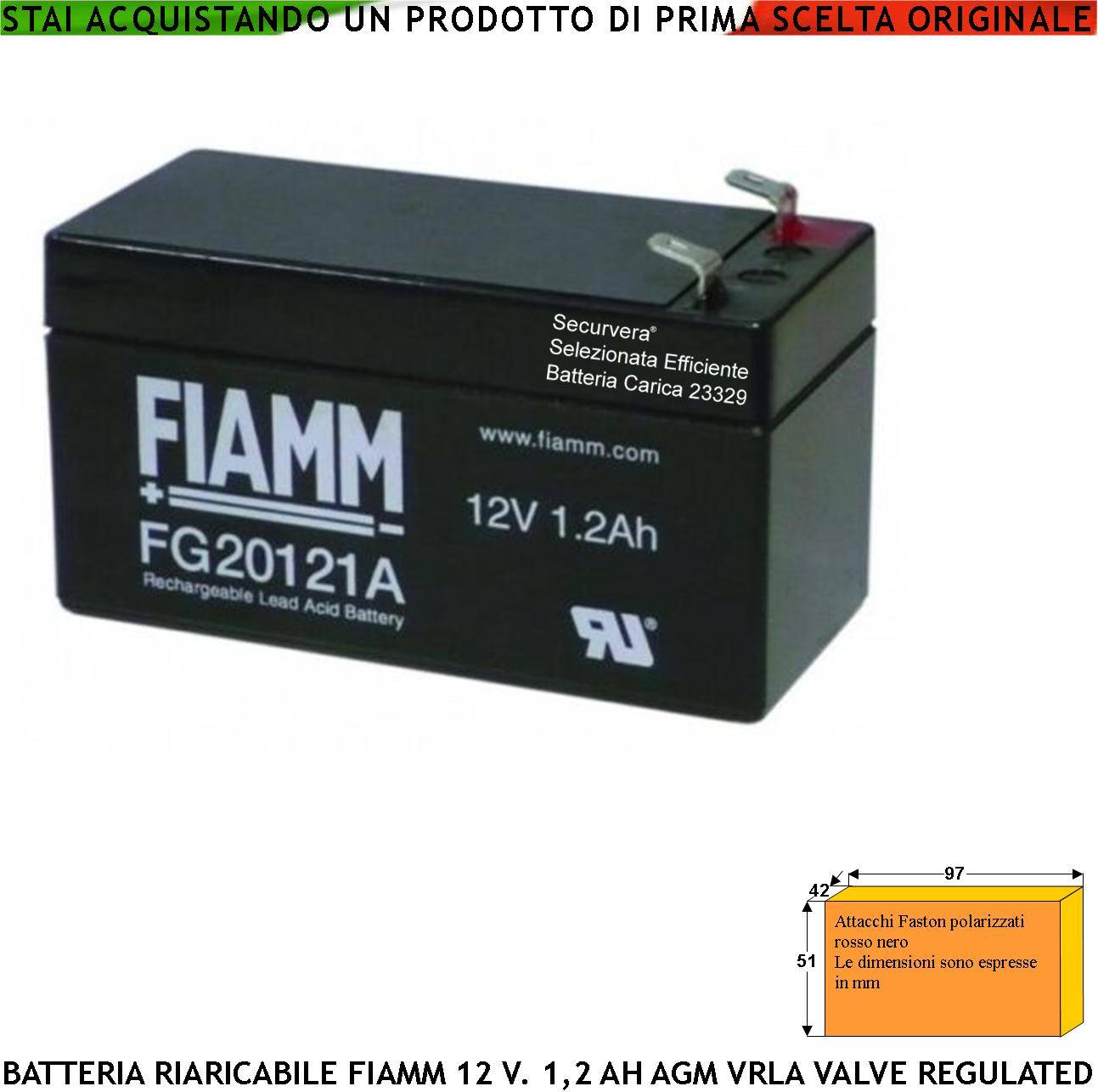 Batteria Ermetica Antincendio 12 V 1,2 Ah AGM VRLA Valve Regulated Collegamento Tramite 2 Faston 5 mm Polarizzati Sele-0