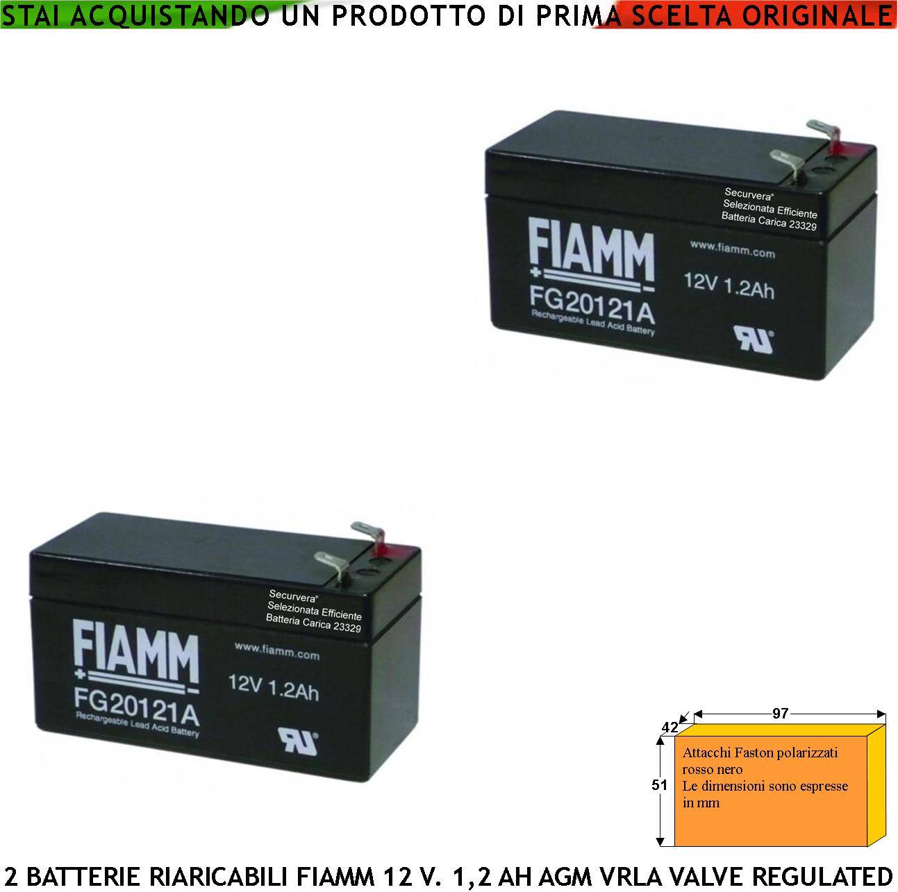 Batterie Ricaricabili 12 V. 1,2 Ah 2 Pezzi Ermetiche AGM VRLA Valve Regulated Collegamento Tramite 2 Faston 5 mm Polar-0