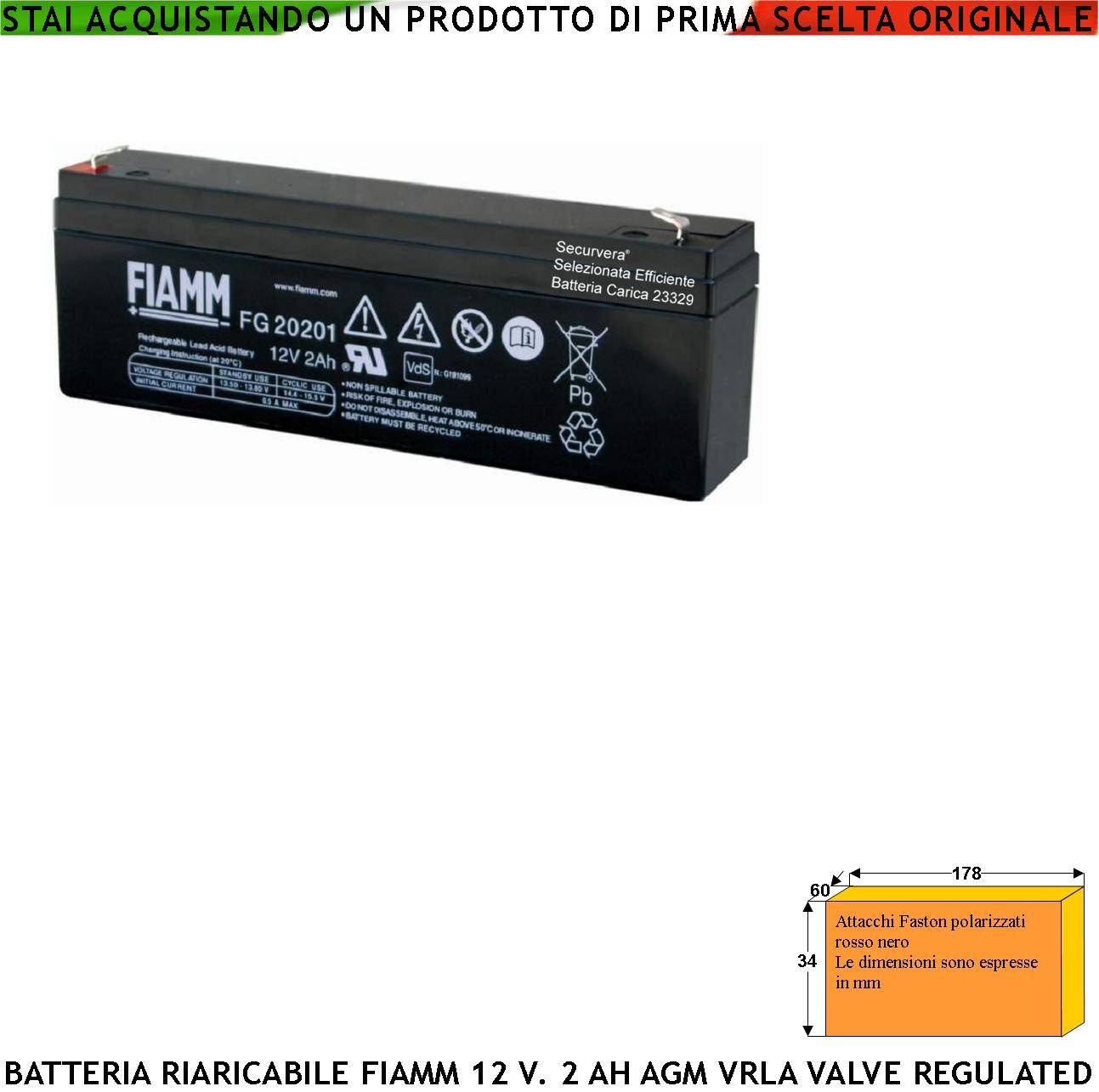 Batteria Ermetica Antincendio 12 V 2 Ah Collegamento Tramite 2 Faston 5 mm Polarizzati AGM VRLA Valve Regulated Carica-0