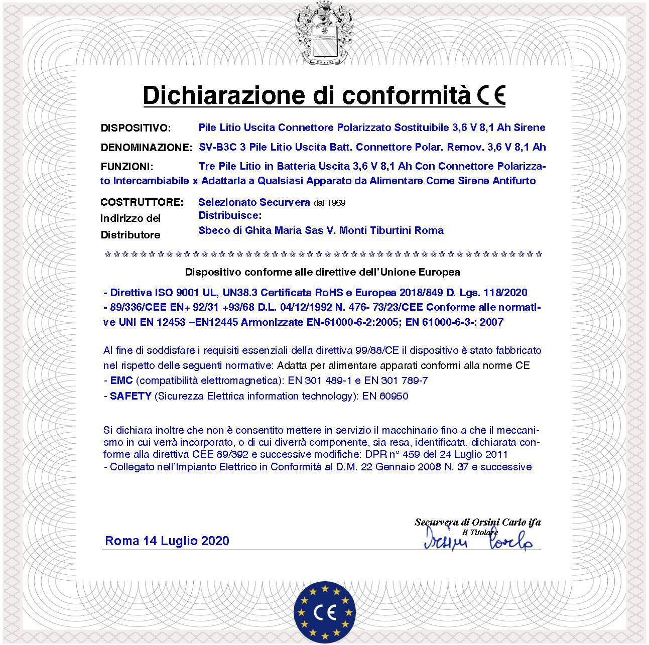 Pacco 3 Pile ER14505H litio Non Ricaricabili in Batteria Uscita 3,6 V 8,1 Ah Connettore Polarizzato Ricambio Sirena Se-1