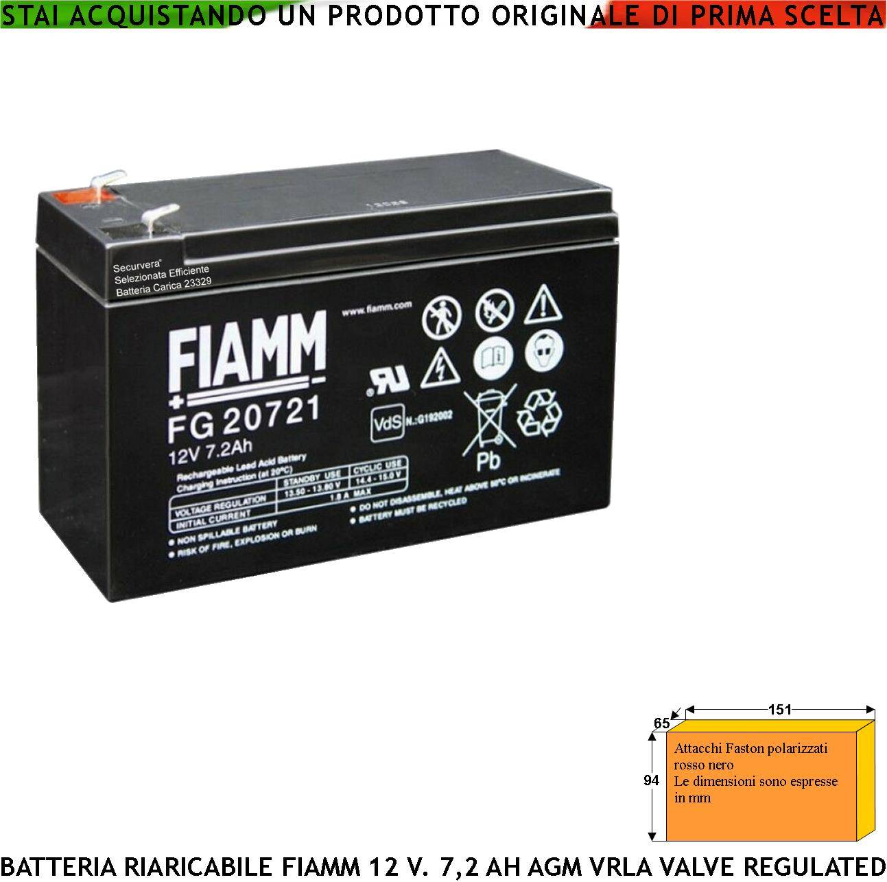 Batteria Ermetica Antifurto 12 V 7,2 Ah Collegamento Tramite 2 Faston 5 mm Polarizzati AGM VRLA Valve Regulated Selezi-0