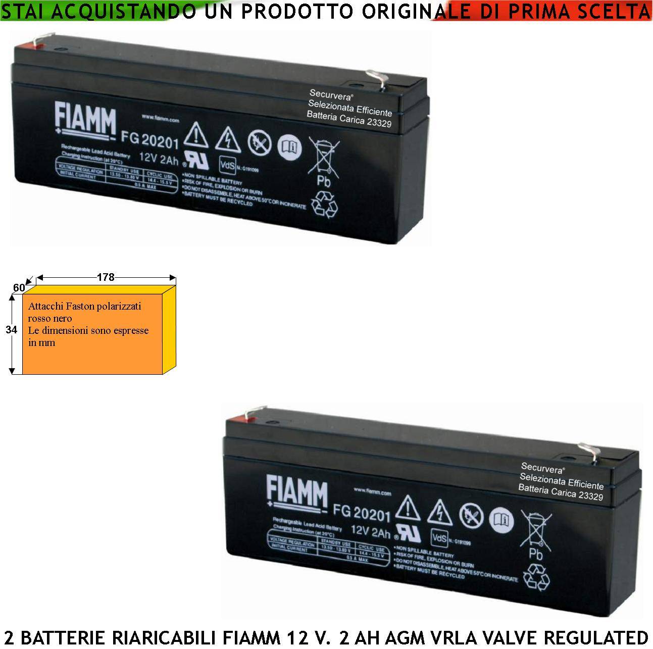 Batteria Ermetica Antincendio 12 V 2 Ah 2 Pezzi Collegamento Tramite 2 Faston 5 mm Polarizzati AGM VRLA Valve Regulate-0