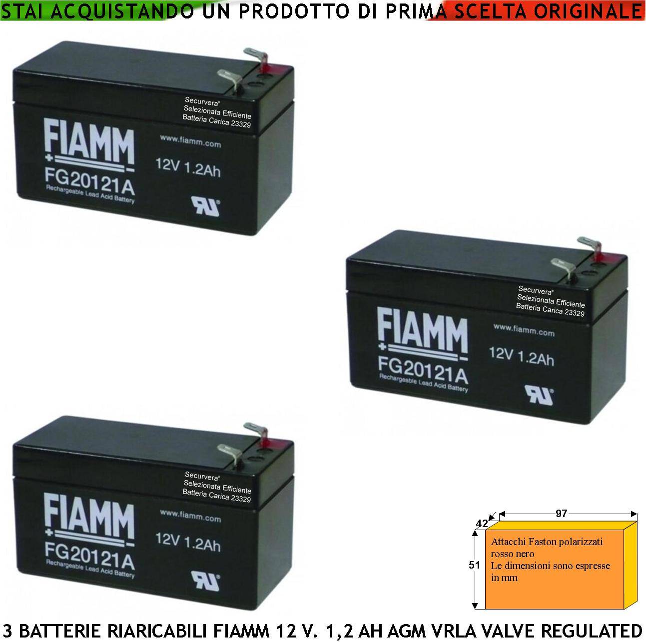 Batteria Accumulatore 12 V 1,2 Ah Tre Pezzi Collegamento Tramite 2 Faston 5 mm Polarizzati Ermetica AGM VRLA Valve Reg-0